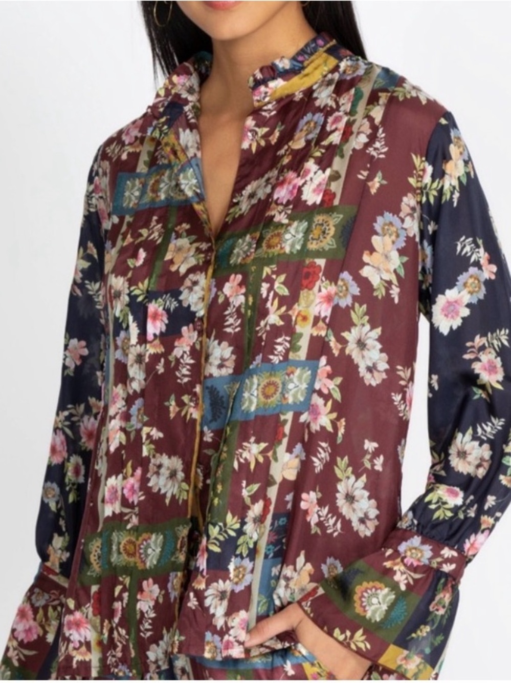 Johnny Was Laurie Silk Milan Blouse featuring a patchwork floral print